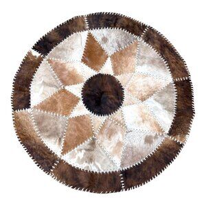 Round Cowhide Patchwork Rug 46" Texas Star Statement Piece Living Room Bedroom